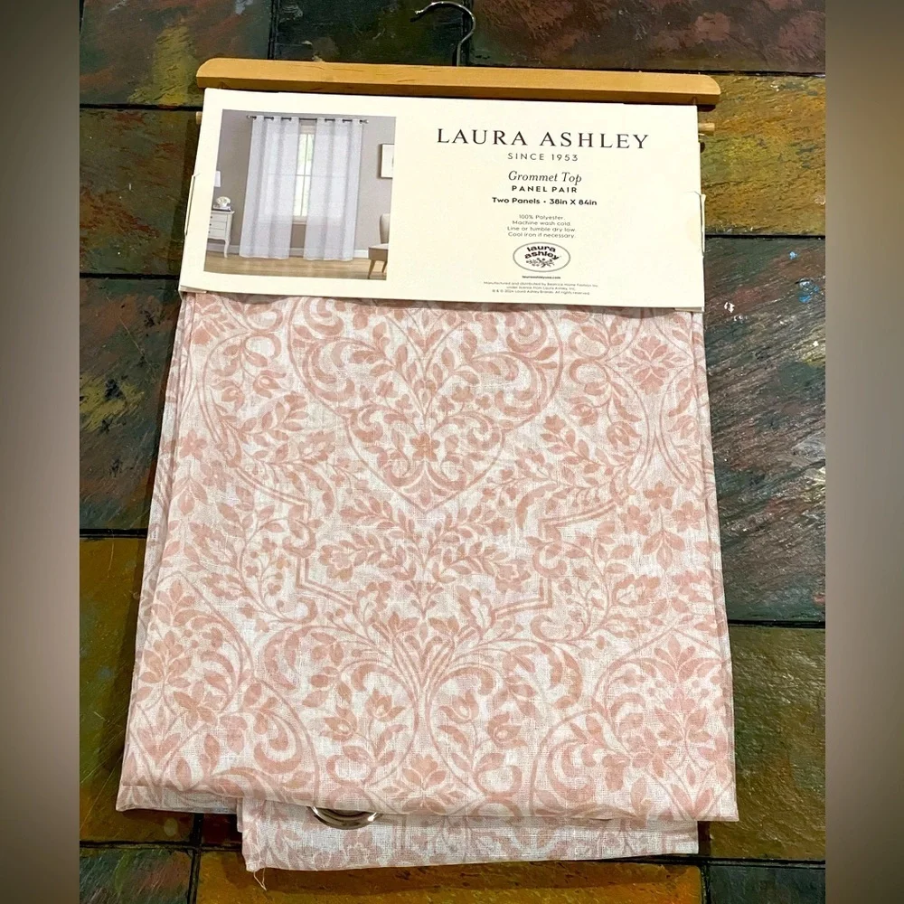 Laura Ashley Grommet Top Taupe White Floral Sheer Curtain Panel Pair 38
